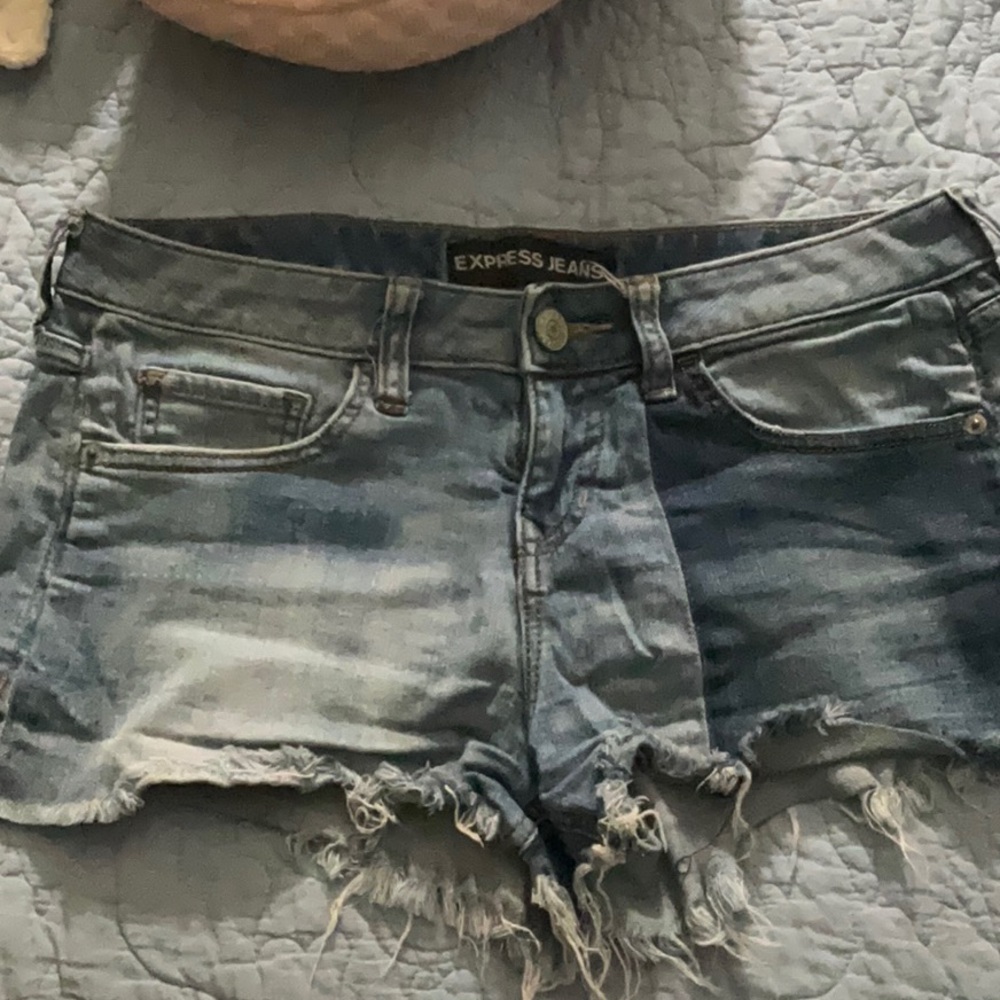 Express Blue Jean Shorts Distressed Raw-Edge
